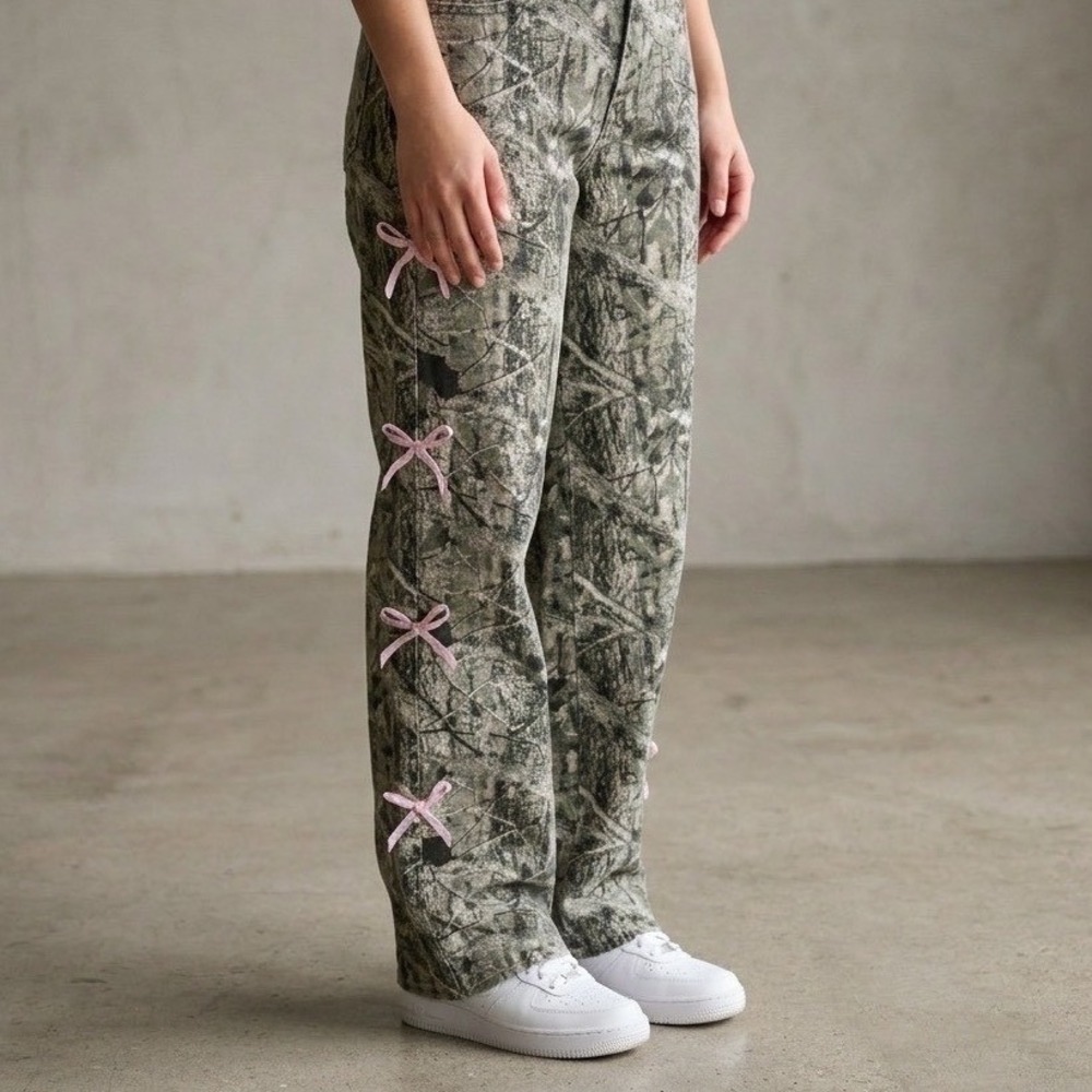 Coquette Camo Girl Pants Jeans Women 00 Pink Bow Detail Gorpcore Utility Hunting
